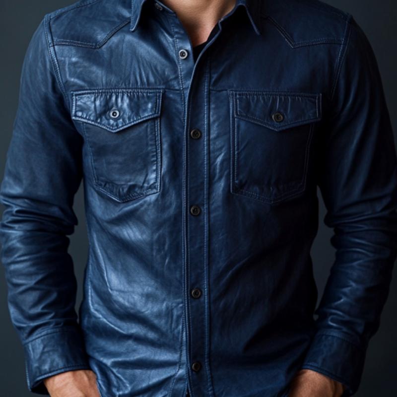 Chemise en cuir à manches longues et revers bleu foncé élégante pour hommes 72993130F