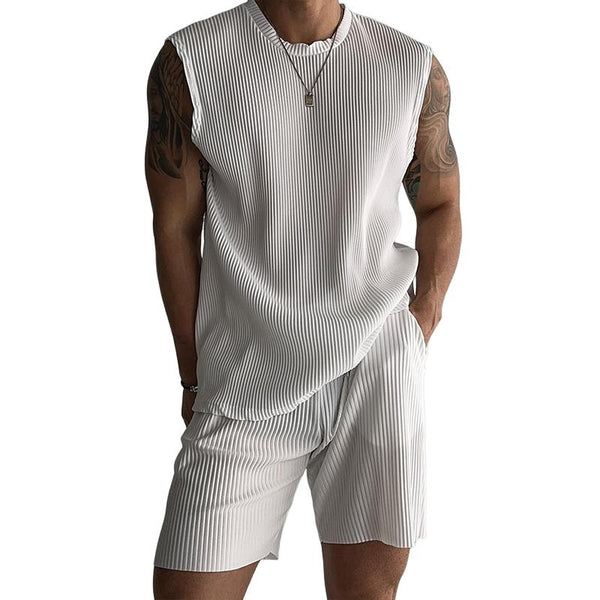 Men's Solid Color Stretch Striped Round Neck Sleeveless Tank Top Shorts Casual Set 39890208Z