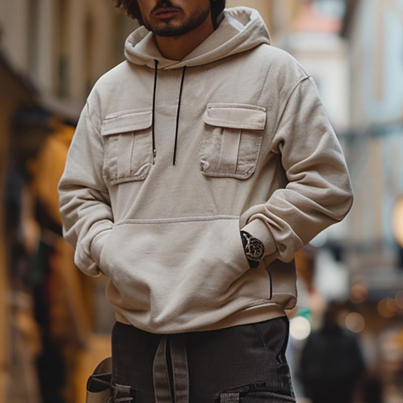 Men's Solid Color Multi-Pocket Cargo Hooded Sweatshirt 32455467Y