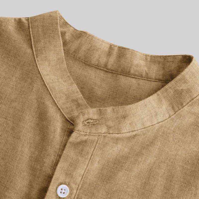 Camicia casual da uomo in cotone e lino con colletto Henley a maniche corte 23292927Z