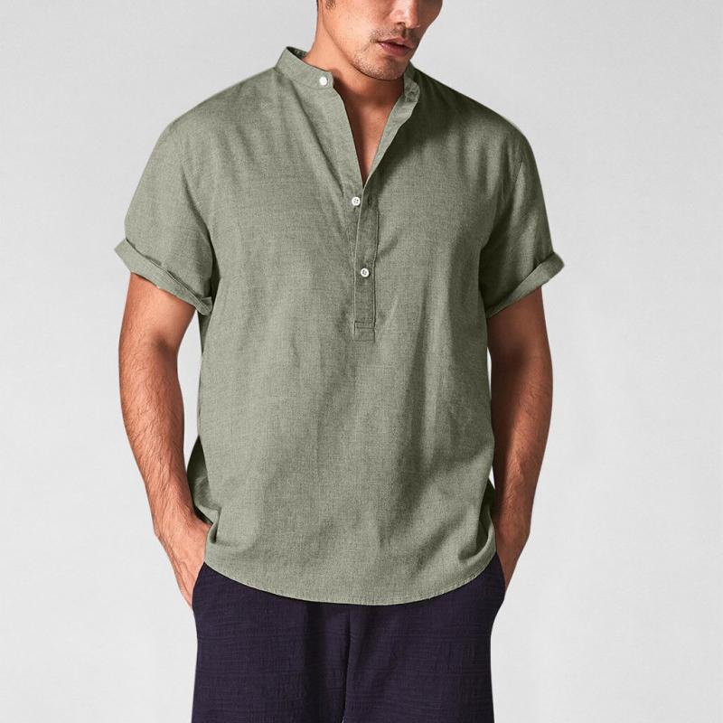 Camicia casual da uomo in cotone e lino con colletto Henley a maniche corte 23292927Z