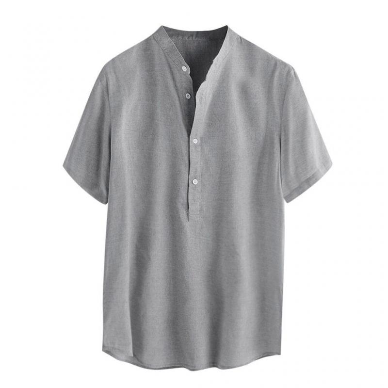 Camicia casual da uomo in cotone e lino con colletto Henley a maniche corte 23292927Z