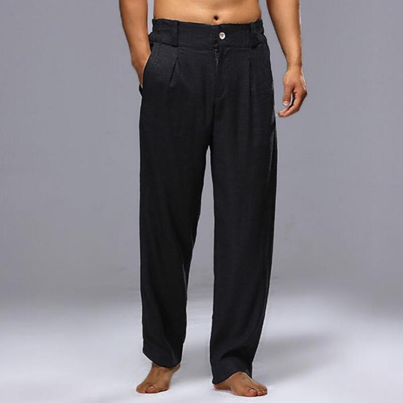 Pantaloni casual dritti in cotone e lino tinta unita da uomo 50104064Z