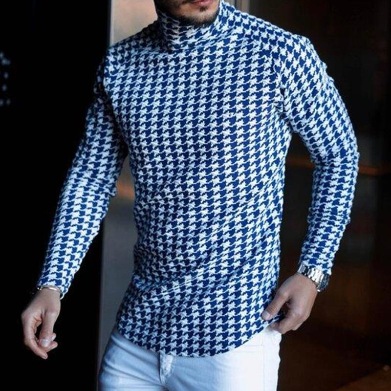 Maglietta a maniche lunghe con collo alto e stampa pied de poule retrò casual da uomo 94201150TO