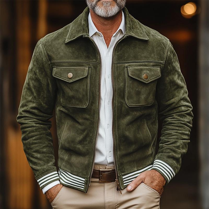 Veste décontractée à fermeture éclair et revers en daim à bordure rayée pour homme 09306742Z