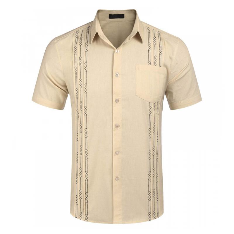 Men's Solid Cuban Beach Shirt Pocket Short Sleeve Linen Shirt 42802648Z