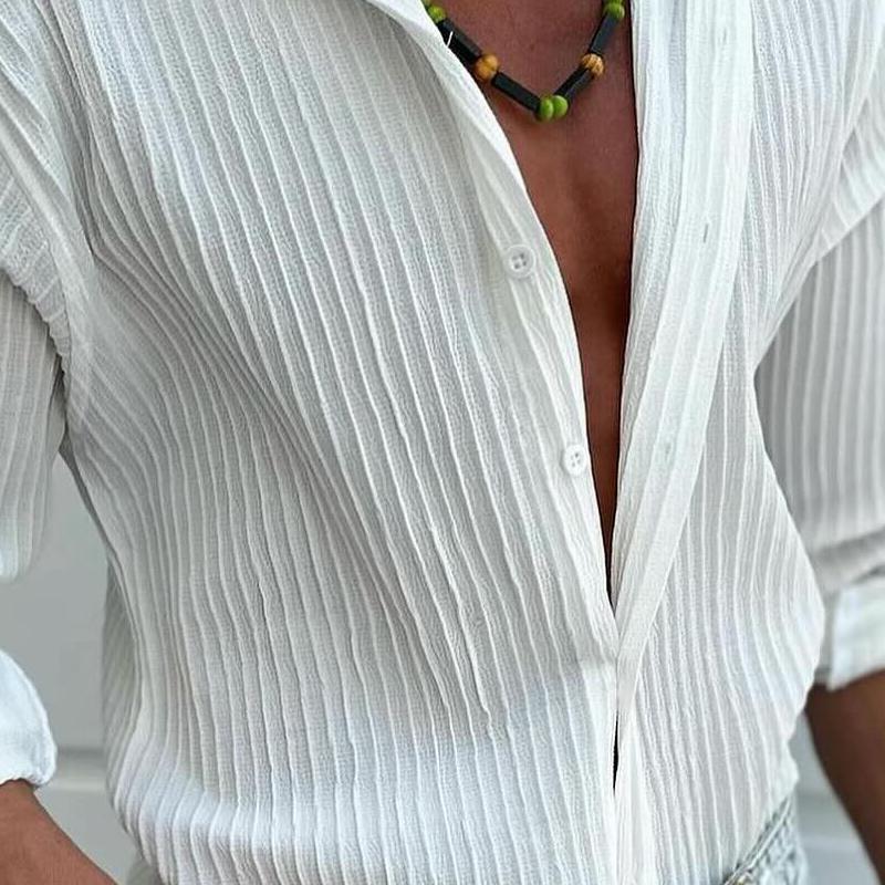 Camicia casual a maniche lunghe con risvolto a righe tinta unita da uomo 22113270Z