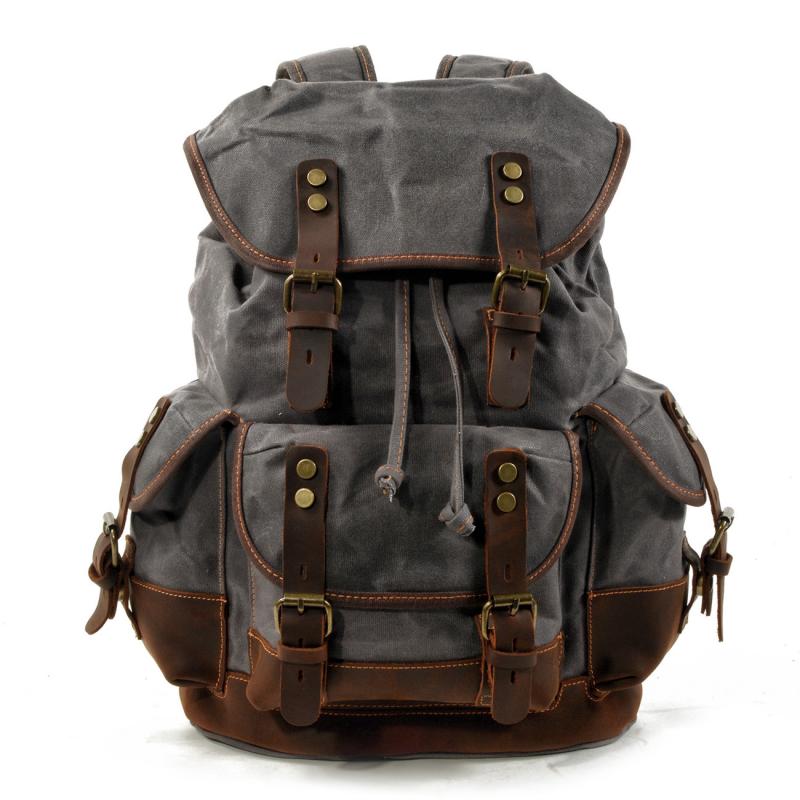 Herren Vintage Outdoor Canvas Nähte Leder Multi-Pocket Rucksack 19083234Y