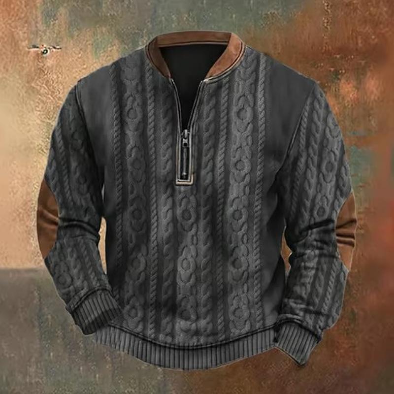 Sweat-shirt décontracté à manches longues et col rond pour homme, couleur unie, texture, fermeture éclair, 46996802Z