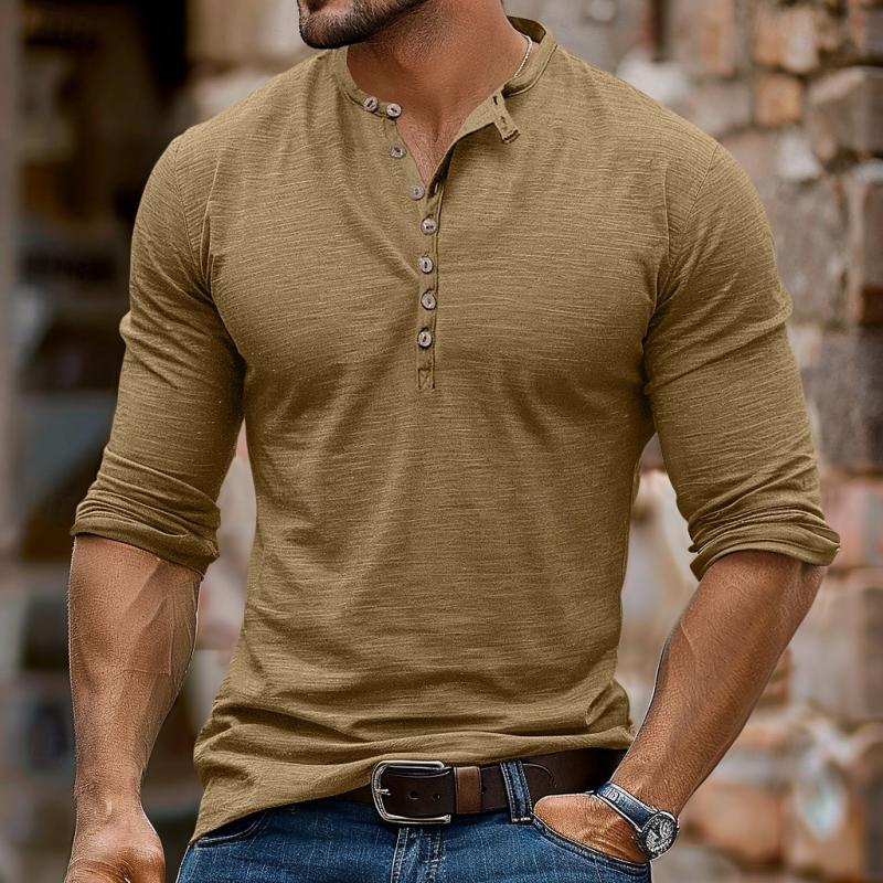 T-shirt casual da uomo con colletto Henley multi-bottone e maniche lunghe 48759130Y