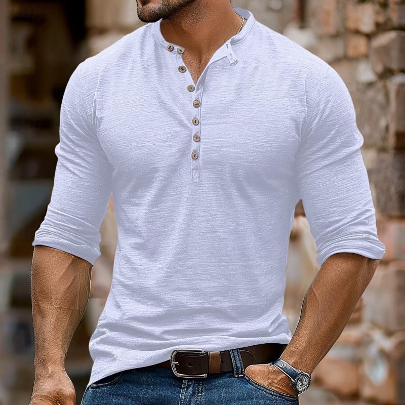 T-shirt casual da uomo con colletto Henley multi-bottone e maniche lunghe 48759130Y