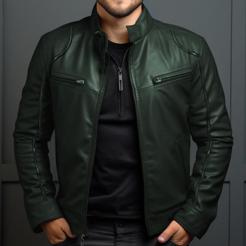 Chaqueta de cuero entallada con cremallera y cuello alto estilo vintage para hombre 55238800M