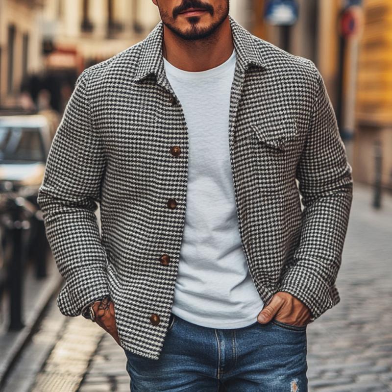 Chaqueta estilo camisa de hombre con solapa de pata de gallo y botonadura sencilla, estilo vintage, 85588306M