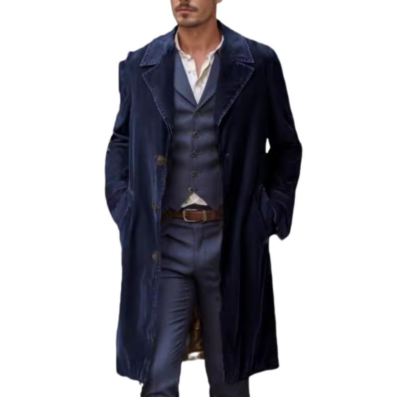 Men's Vintage Solid Color Corduroy Single Breasted Mid-Length Trench Coat 72817655M