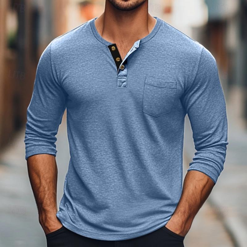 T-shirt da uomo tinta unita con bottoni, scollo rotondo, manica lunga 64559660Y