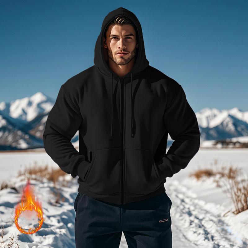 Men's Solid Color Plush Long Sleeve Zip Hoodie 35139061Z