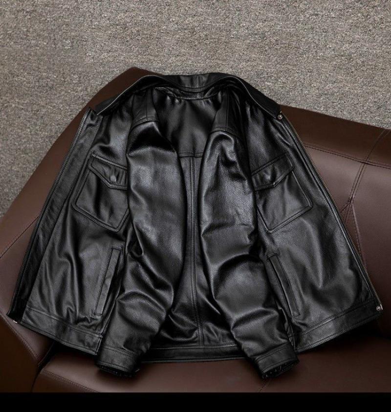 Chaqueta de cuero con solapa y doble bolsillo en el pecho para hombre estilo vintage 96949137Y