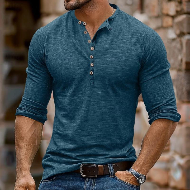 T-shirt casual da uomo con colletto Henley multi-bottone e maniche lunghe 48759130Y