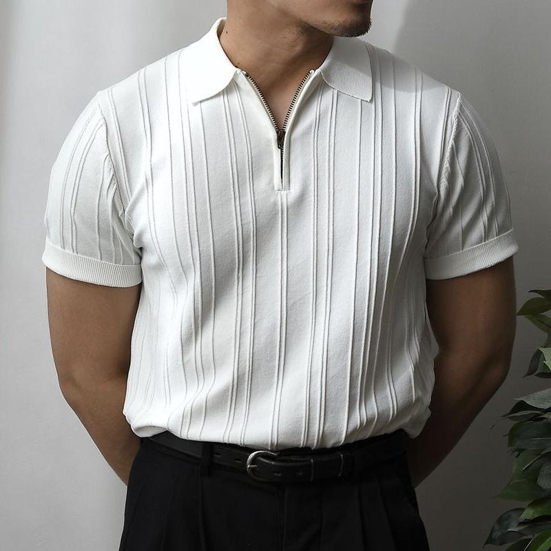 Men's Solid Striped Zip Lapel Short Sleeve Polo Shirt 04003477Z