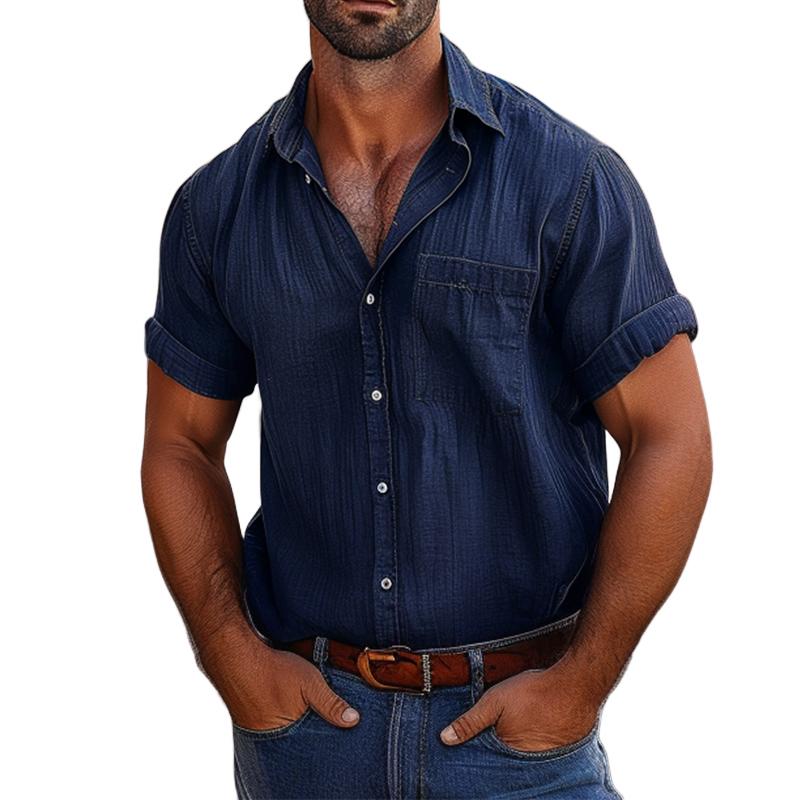 Camicia da uomo vintage con risvolto e tasca a maniche corte 03149621TO