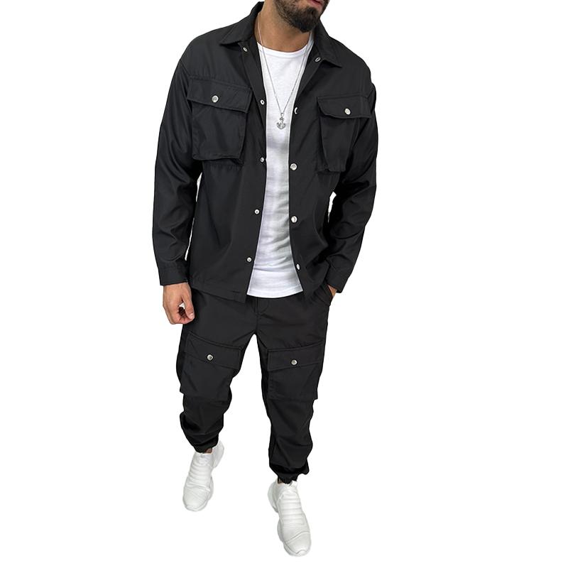 Conjunto de chaqueta y pantalón cargo con solapa y botonadura sencilla de color liso para hombre 01388512Z
