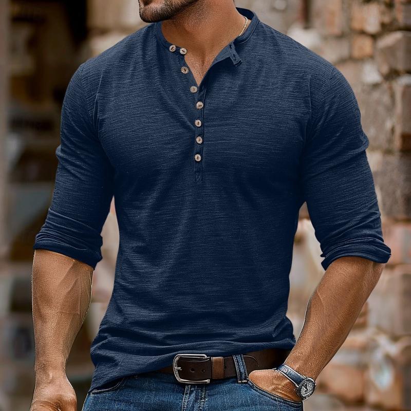 T-shirt casual da uomo con colletto Henley multi-bottone e maniche lunghe 48759130Y