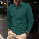 Men's Solid Striped V Neck Long Sleeve Polo Shirt 13911803Z