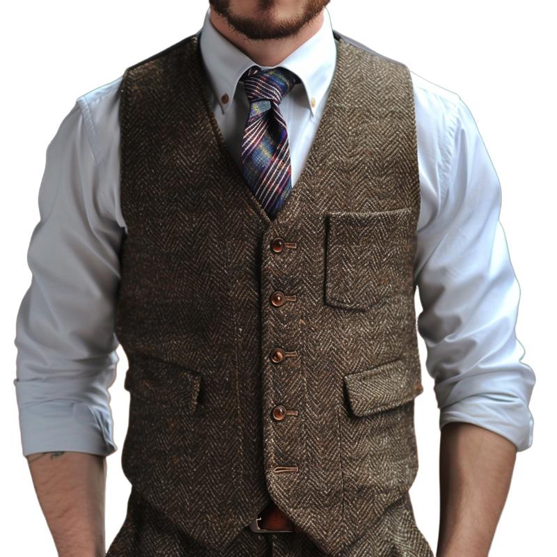 Men's Vintage V-neck Herringbone Single-breasted Suit Vest 31502877M