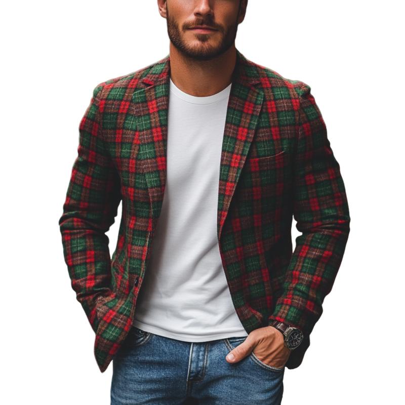 Blazer monopetto a quadri natalizi con risvolto a tacca, colore a contrasto, casual da uomo 09626197M