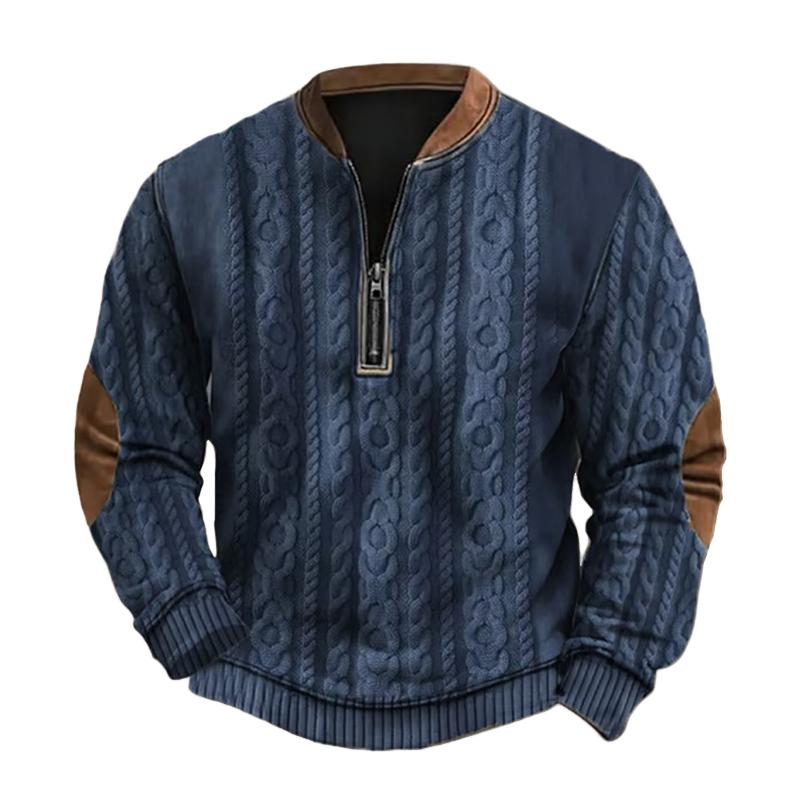 Sweat-shirt décontracté à manches longues et col rond pour homme, couleur unie, texture, fermeture éclair, 46996802Z