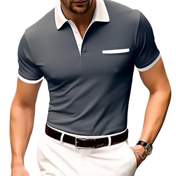 Men's Casual Cotton Blend Color Block Lapel Short Sleeve Polo Shirt 14480805M