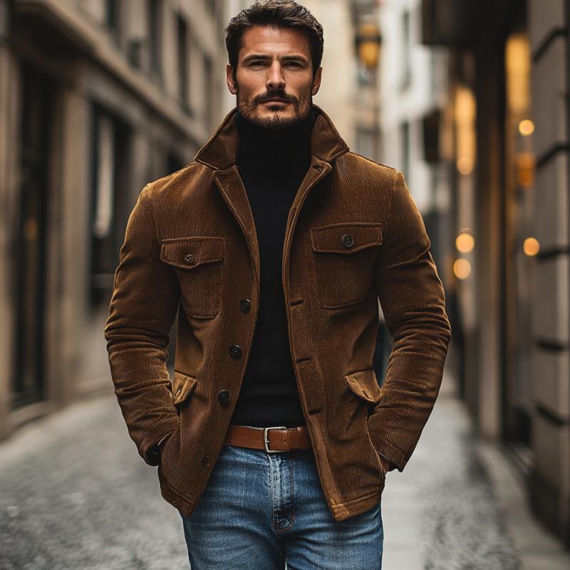 Men's Vintage Corduroy Lapel Multi-Pocket Loose Work Jacket 50158411M