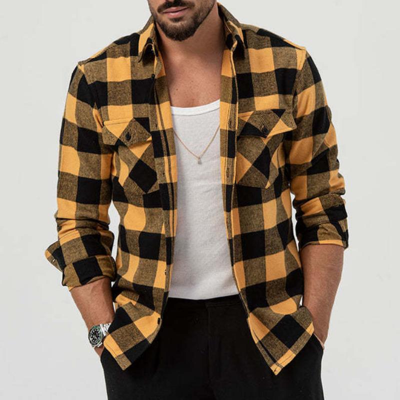 Retro Casual Kariertes Langarmhemd mit karierter Tasche und Revers für Herren 62039387TO