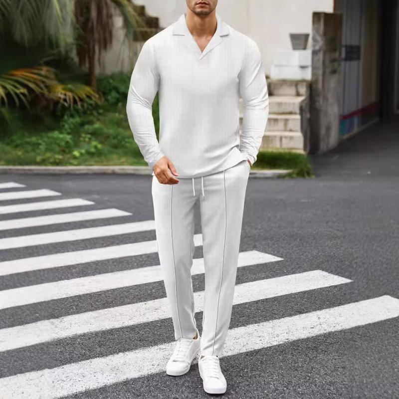 Einfarbiges Set aus langärmligem T-Shirt und Hose mit Waffelmuster und kubanischem Kragen für Herren 28710871Y