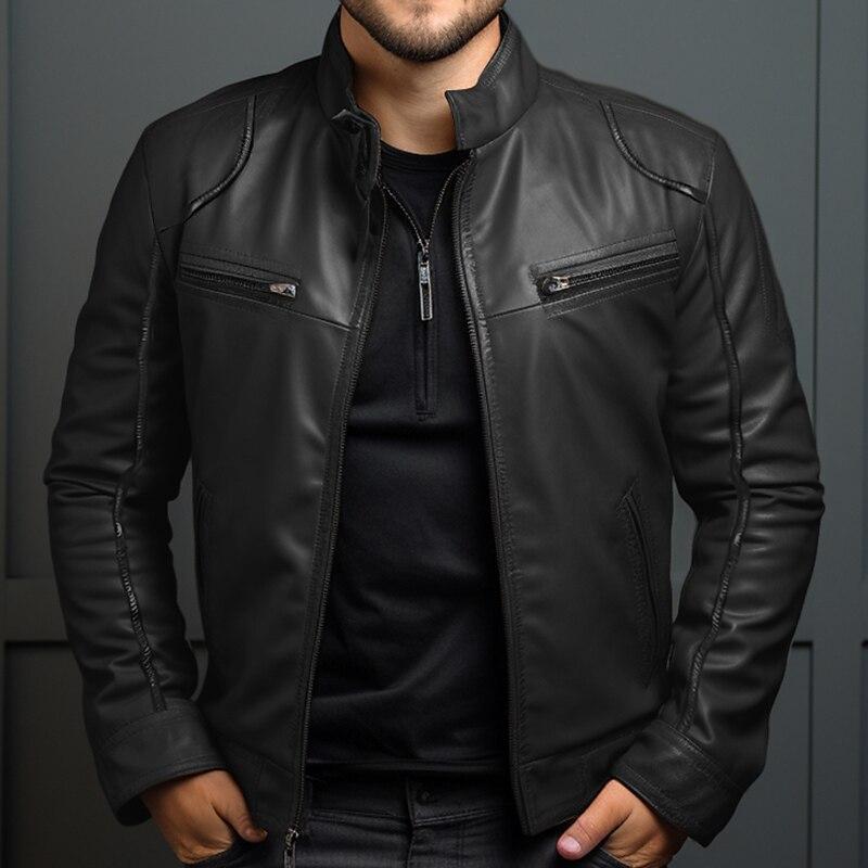 Chaqueta de cuero entallada con cremallera y cuello alto estilo vintage para hombre 55238800M