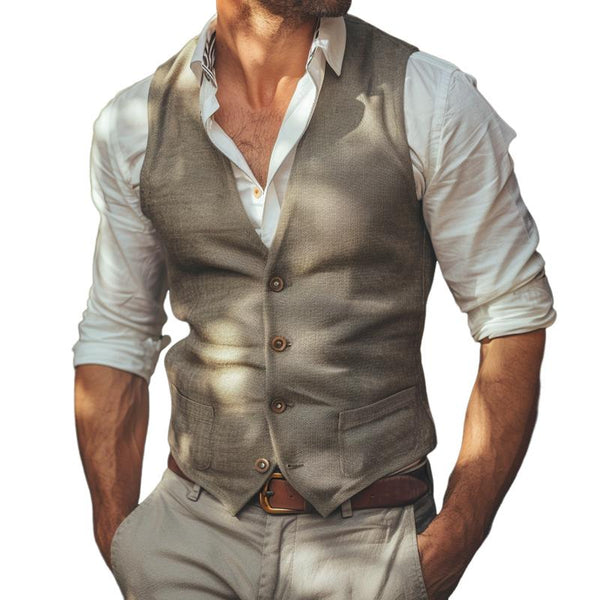 Men's Casual Cotton Linen V-neck Single-breasted Patch Pockets Vest 64460008M
