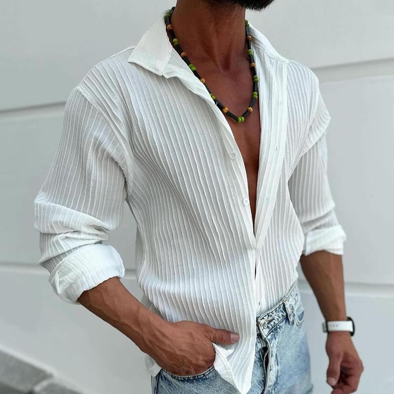 Camicia casual a maniche lunghe con risvolto a righe tinta unita da uomo 22113270Z