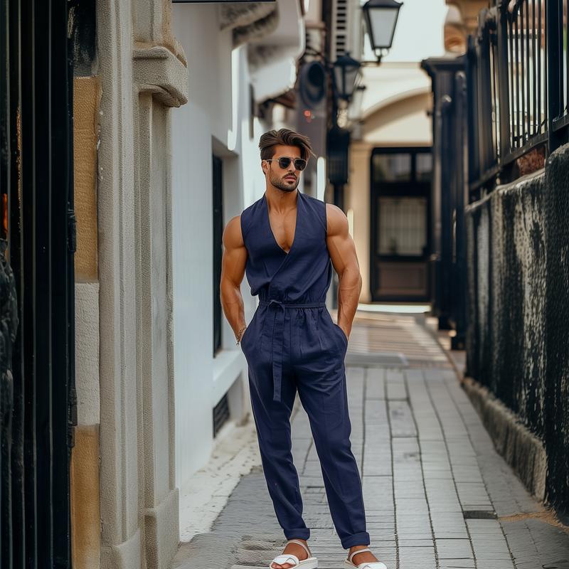Men's Solid Color V Neck Sleeveless Belt Jumpsuit 91241064Z