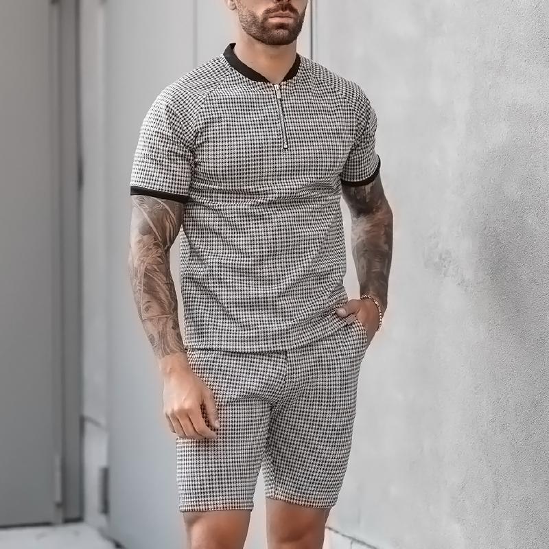 Conjunto informal de camiseta y pantalones cortos de manga corta a cuadros con cuello henley y cremallera para hombre 16624506Z