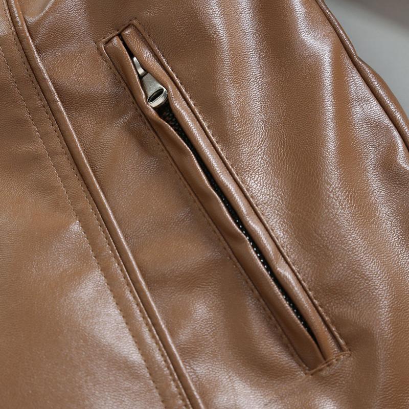 Chaqueta de cuero de corte entallado con cremallera y solapa de piel gruesa y cálida estilo vintage para hombre 68759096M