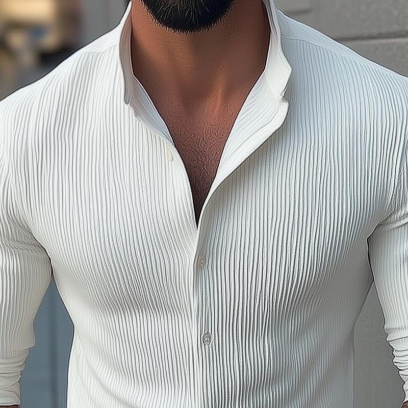 Chemise décontractée à manches longues et col montant pour homme, couleur unie, 02801063Z