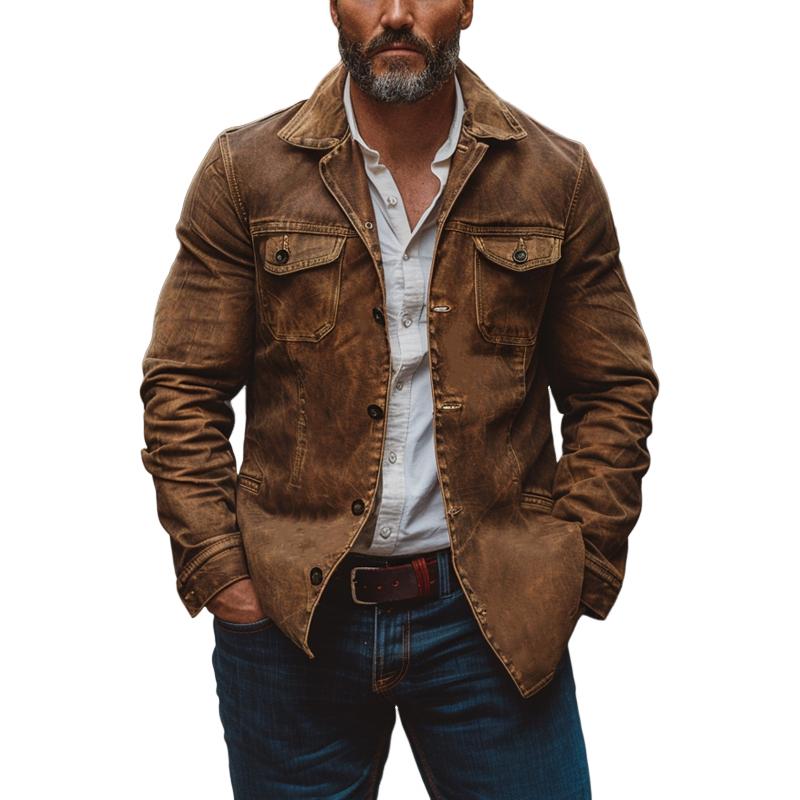 【Spedizione in 24 ore】Giacca da lavoro monopetto multitasche in pelle lavata pesante vintage da uomo 23094806M