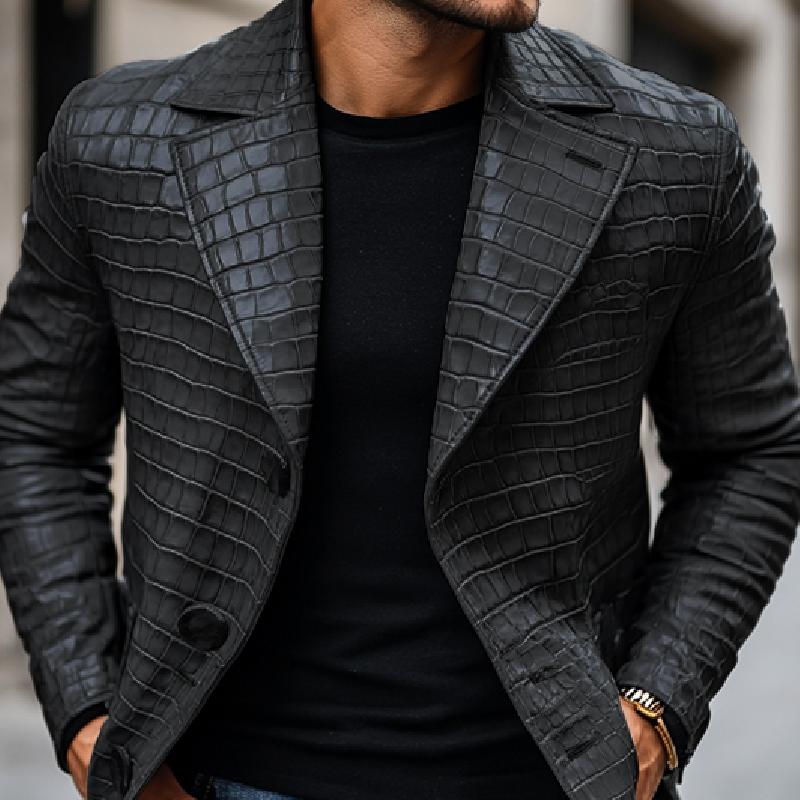 Blazer slim fit con revers a lancia in pelle con motivo pietra vintage da uomo 35286507M