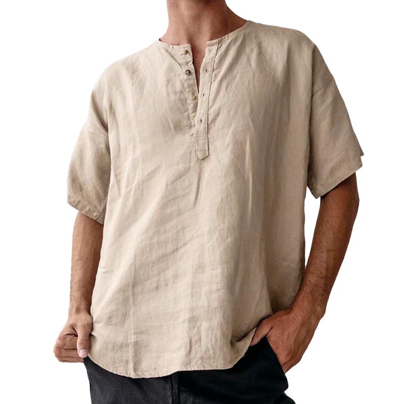 Camisa de manga corta con cuello henley de algodón y lino liso para hombre 93120279Z