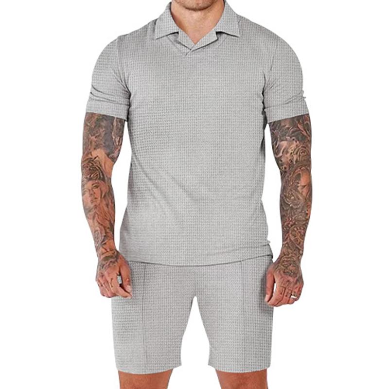 Solid vaffelslagsjakke for menn med kortermet poloskjorte shorts Sports fritidssett 89786181Z