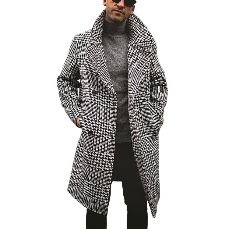 Mens Houndstooth Double-Breasted Overcoat – Classic Black and White Wool Blend Peacoat Wool Fabric