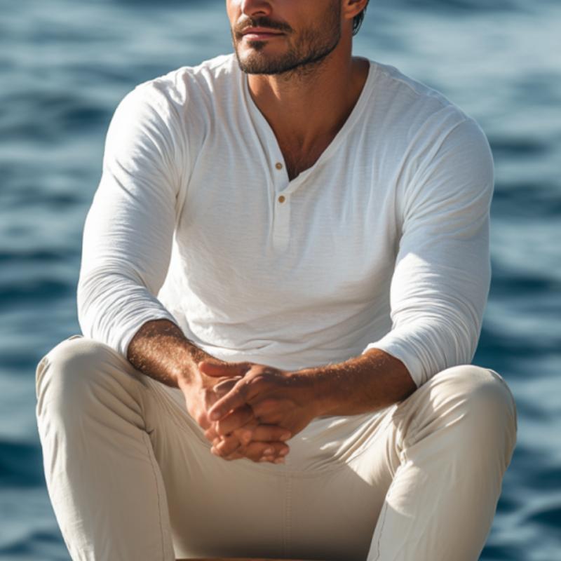 T-shirt décontracté à manches longues en coton mélangé Henley pour hommes 19519557M