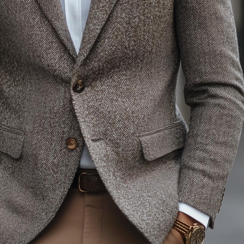 【24-Stunden-Versand】 Herren-Blazer im Vintage-Stil mit Fischgrätenmuster, Revers und zwei Knöpfen, schmaler Schnitt, 37949712Z