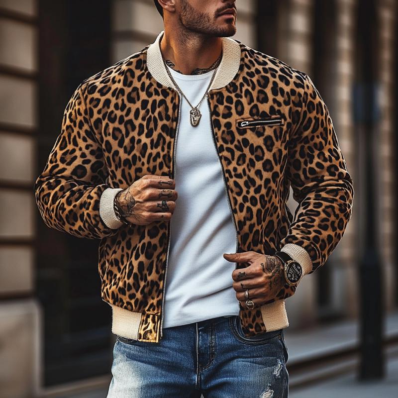 Men's Vintage Leopard Print Colorblock Zip-Up Bomber Jacket 58817018Y