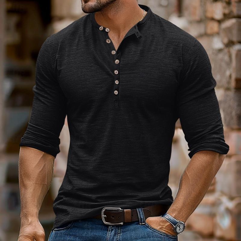 T-shirt casual da uomo con colletto Henley multi-bottone e maniche lunghe 48759130Y